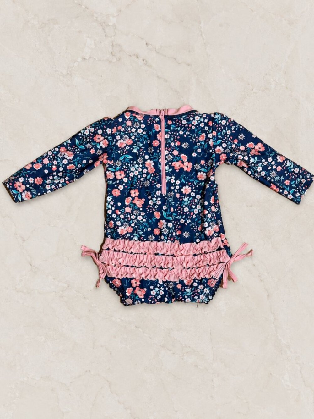 RuffleButts Floral Rash Guard Swimsuit Girls 6-12M Navy Pink